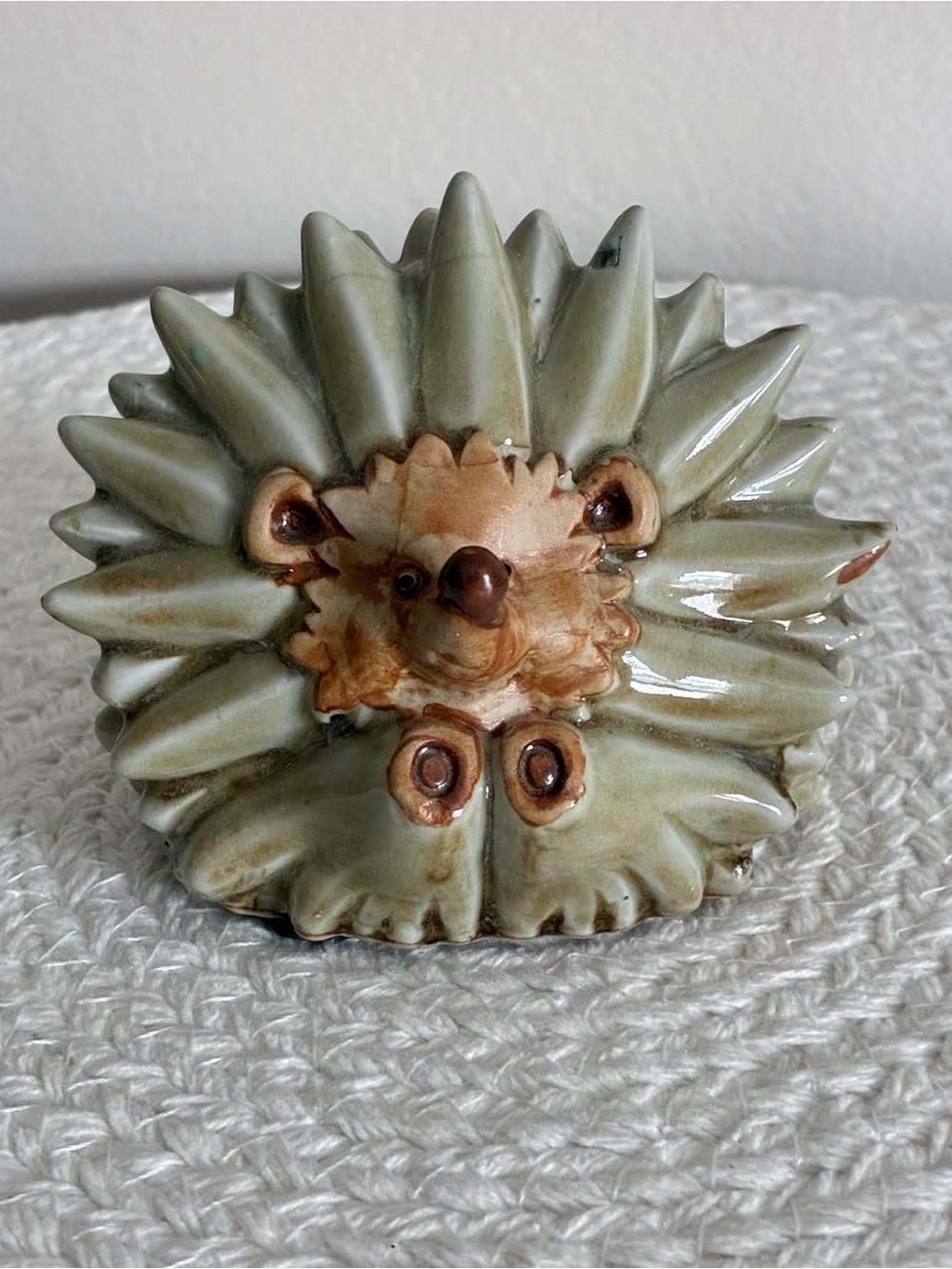 Ceramic Hedgehog Figurine in Sage Green and Brown - Home Art Decor